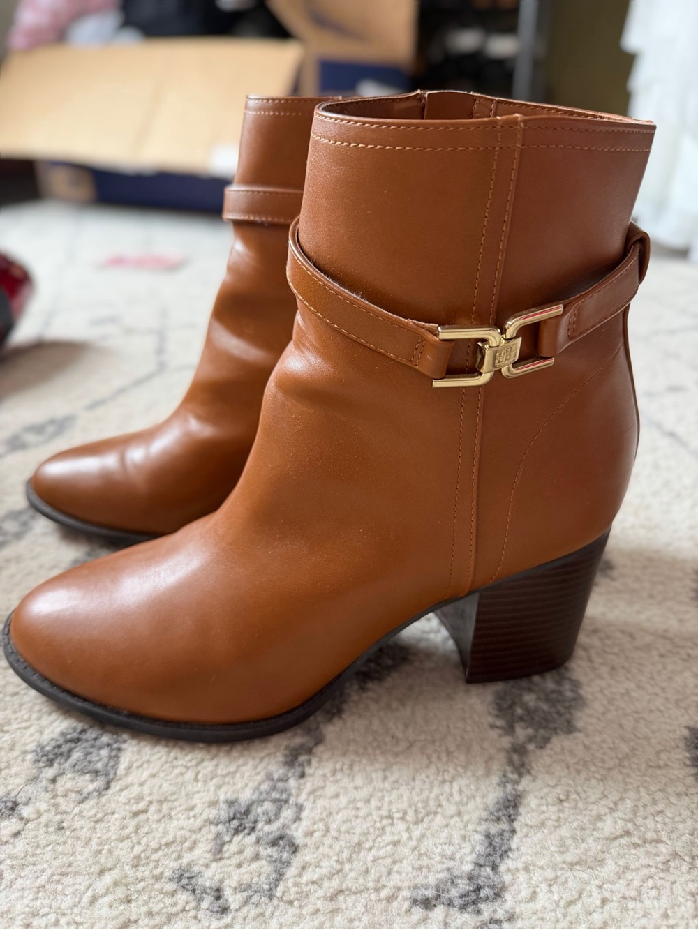 Bandolino Cognac Leather Ankle Booties with Gold Buckle